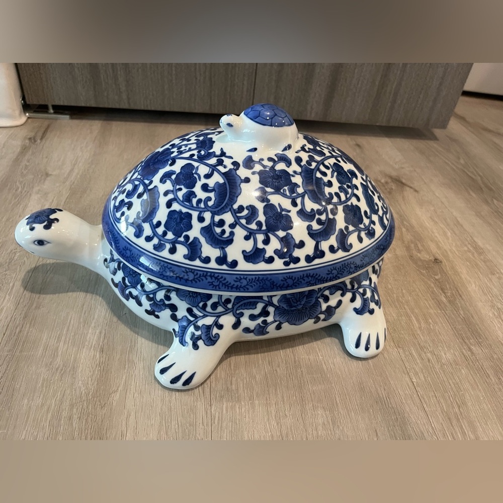 Bombay Blue and White Ceramic Turtle with Floral Design